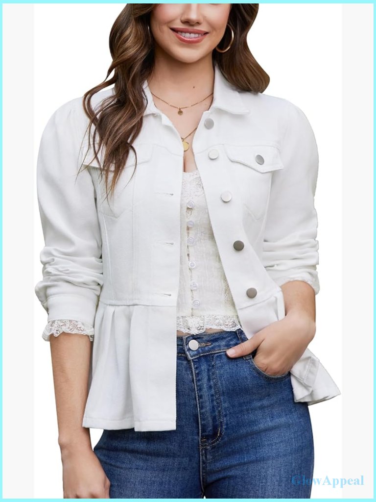 Vintage Denim Jacket Puff Sleeve Button Down Ruffle Hem Coat
